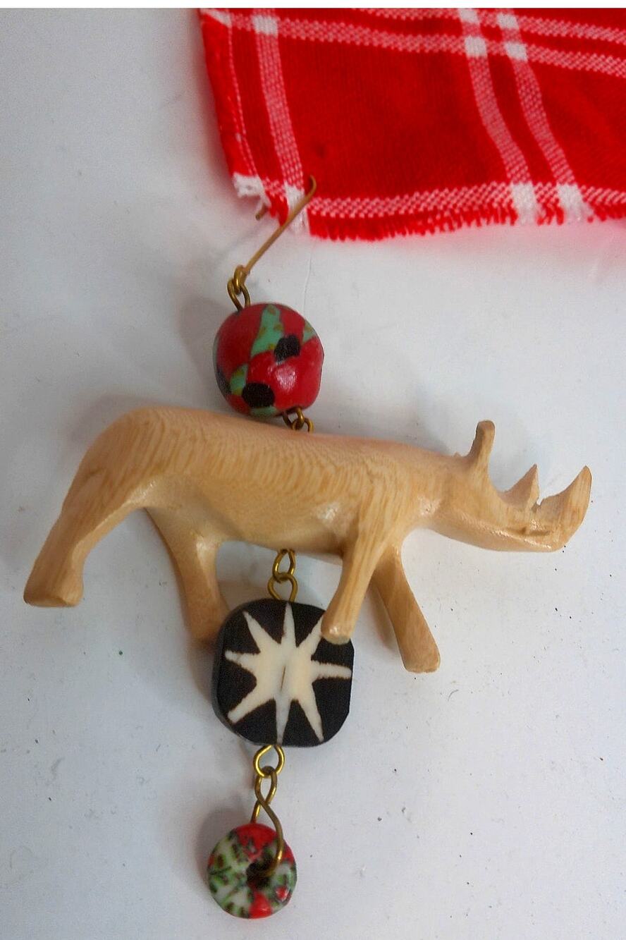 Jacaranda Wood Handmade Safari Ornament Rhino Wildebeest Set of 2 NEW